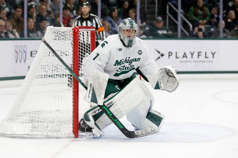 Michigan State goaltender Trey Augustine defends, Saturday, Feb. 28, 2026, in East Lansing.