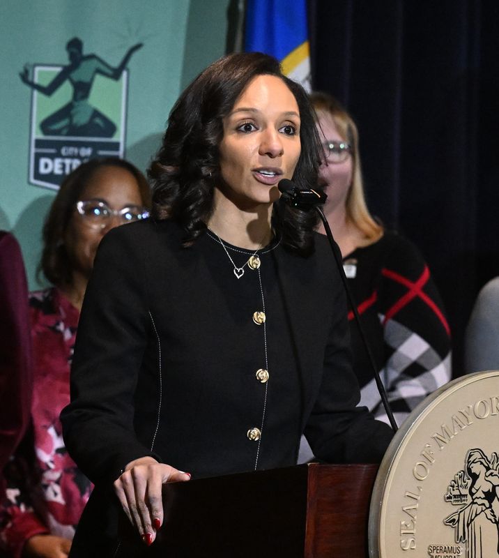 Detroit Mayor Mary Sheffield names new Chief Public Health Officer Ali Abazeed at a press conference at Detroit Public Safety Headquarters in Detroit, Michigan on March 2, 2027.