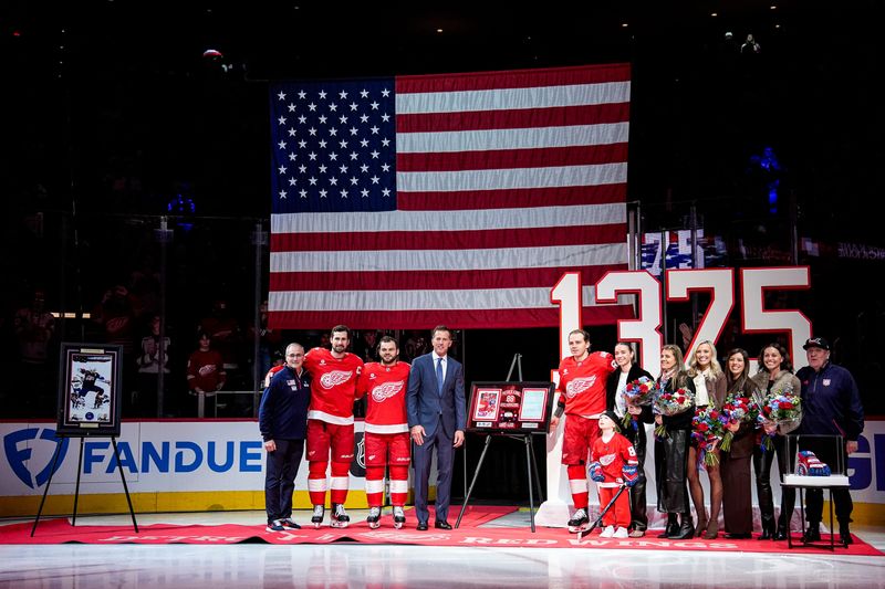 Detroit Red Wings right wing Patrick Kane (88) is being honored for becoming the all-time NHL points (1,375 points) leader among U.S.-born players before puck drop between Detroit Red Wings and Vegas Golden Knights at Little Caesars Arena in Detroit on Wednesday, March 4, 2026.