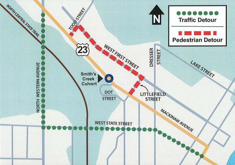 This MDOT map shows traffic and pedestrian detours during a project to replace the U.S. 23 culvert over Smith’s Creek, which is scheduled to start April 6, 2026.
