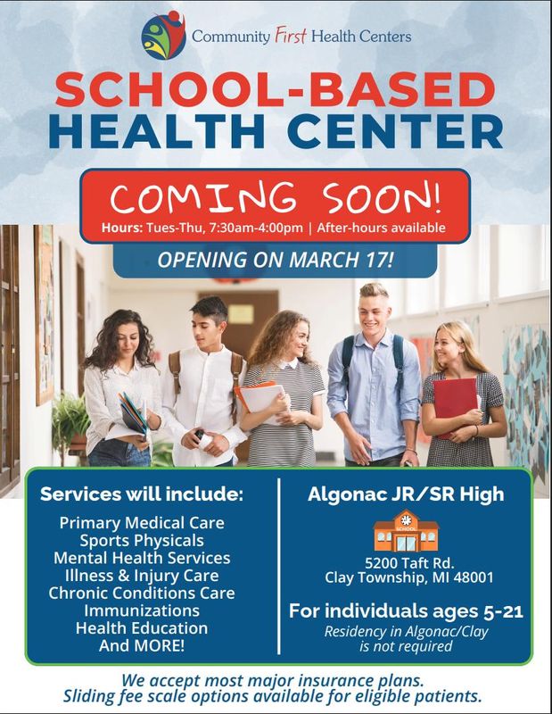 Community First Health Centers announced plans for a new school-based health center at Algonac Jr./Sr. High School, 5200 Taft Road, Clay Township, scheduled to open March 17, 2026.