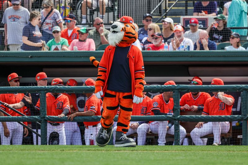 Detroit Tigers mascot Paws entertaines the fans before the game against the Boston Red Sox at Publix Field at Joker Marchant Stadium in Lakeland, Florida, on Friday, March 6, 2026.