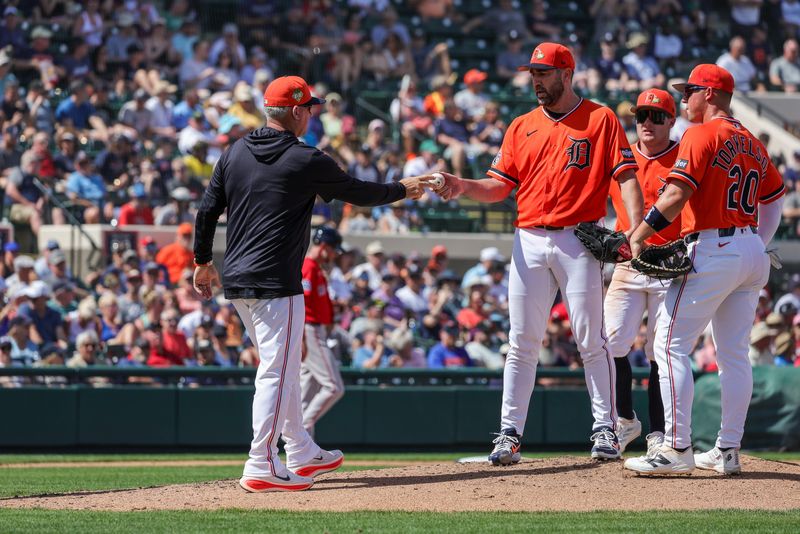 Detroit Tigers pitcher Justin Verlander (35) is relieved during the third inning against the Boston Red Sox at Publix Field at Joker Marchant Stadium in Lakeland, Florida, on Friday, March 6, 2026.