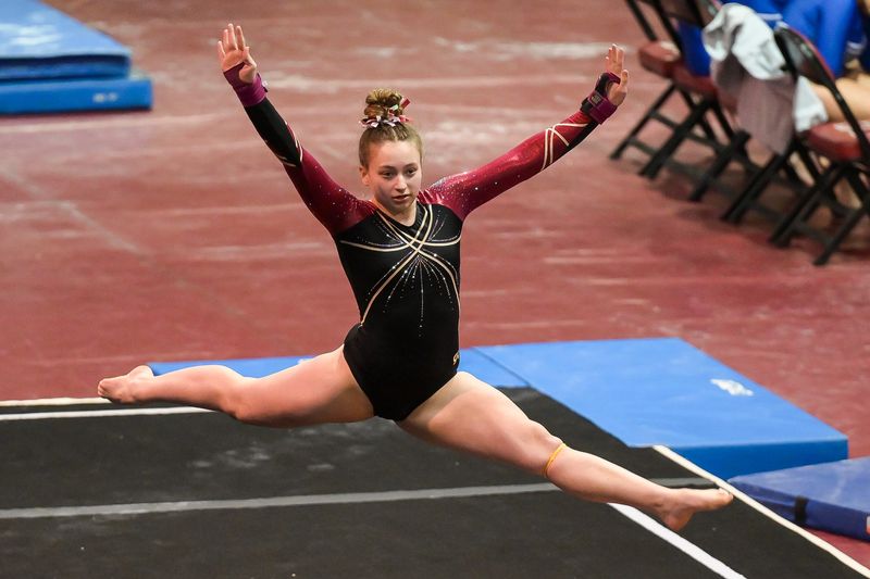 Parma Western sophomore Hannah Sorrow performs her floor routine during the MHSAA team gymnastics state final on Friday, March 6, 2026 at Milford High School in Highland.