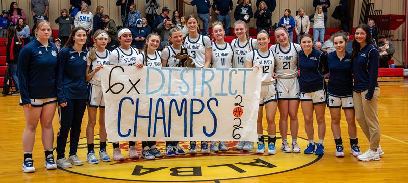 Gaylord St. Mary girls basketball defeated JoBurg 64-25 for a sixth consecutive Division 4 district championship on Friday, March 6 at Alba High School in Elmira, Mich.