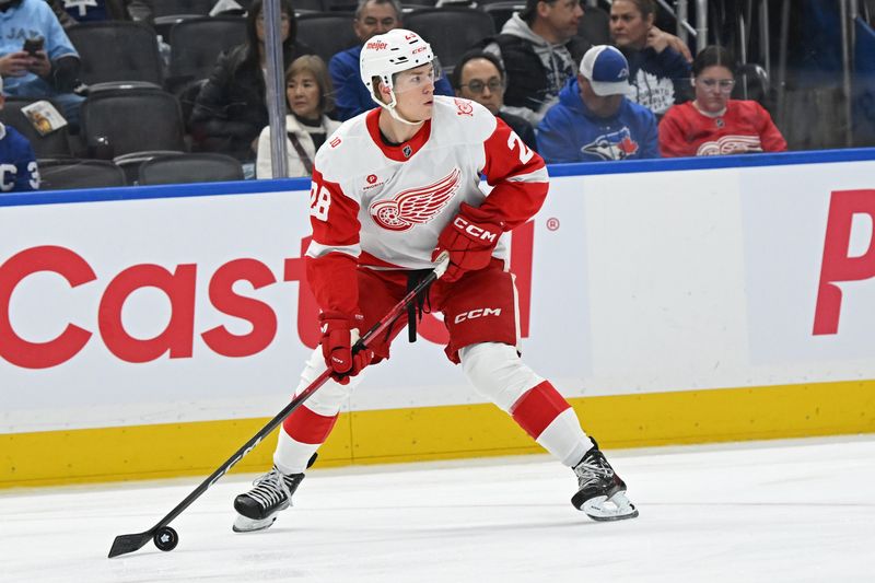 Detroit Red Wings right wing Michael Brandsegg Nygard (28) in action against theToronto Maple Leafs at Scotiabank Arena in Toronto on Oct. 13, 2025.