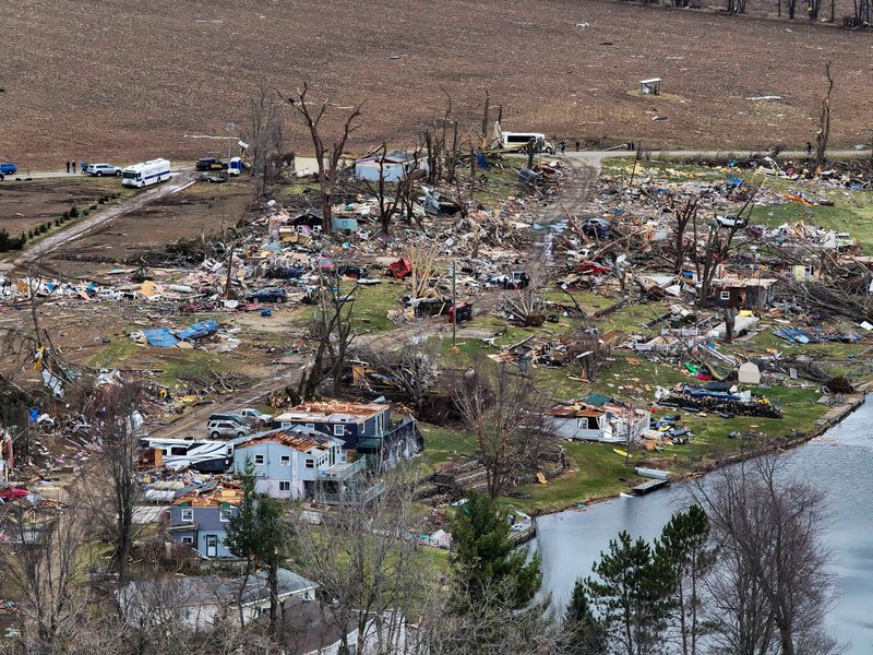 Massive damage to houses along the northern and nortthwestern edges of Union Lake near the village of Union City, Mich. is visible Saturday afternoon, March 7, 2026, one day after a deadly tornado ripped through the area leaving destruction and death in its wake.