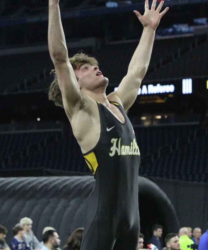 Bryce Morrison of Hamilton reacts after winning the Division 2 150-pound championship at the MHSAA individual wrestling finals on Saturday, March 7, 2026 at Ford Field.