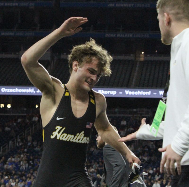Bryce Morrison of Hamilton reacts after winning the Division 2 150-pound championship at the MHSAA individual wrestling finals on Saturday, March 7, 2026 at Ford Field.