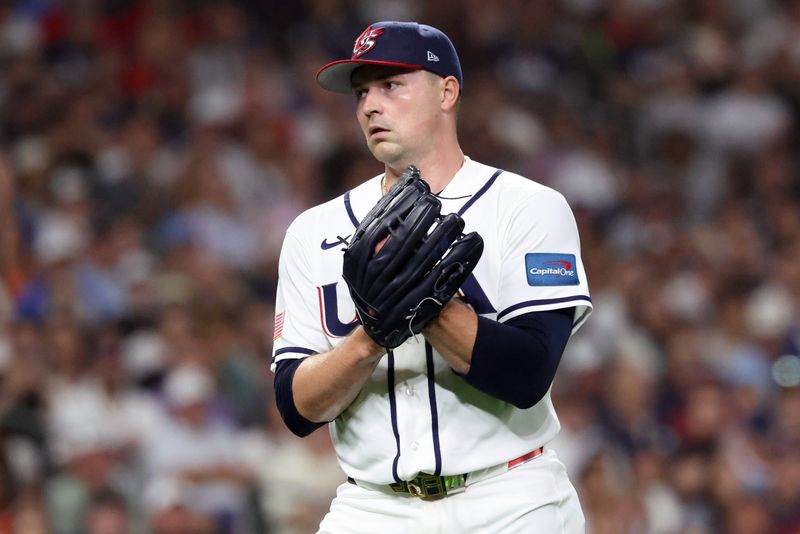 United States pitcher Tarik Skubal reacts to an out against Great Britain during the first inning in the World Baseball Classic in Houston at Daikin Park on Saturday, March 7, 2026.