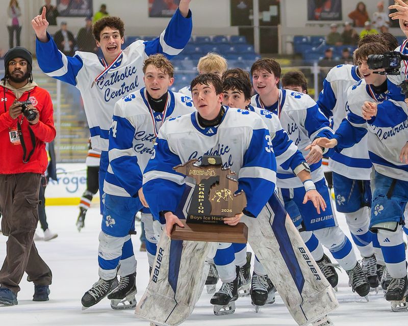 Detroit Catholic Central's Nick Kogut celebrates winning the Division 1 hockey state championship on Saturday, March 7, 2026, at USA Hockey Arena in Plymouth.