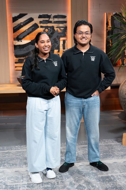 Tanvi Gadamsetti, left, and Madhav Aggarwal appear on "Shark Tank." (Disney/Christopher Willard)