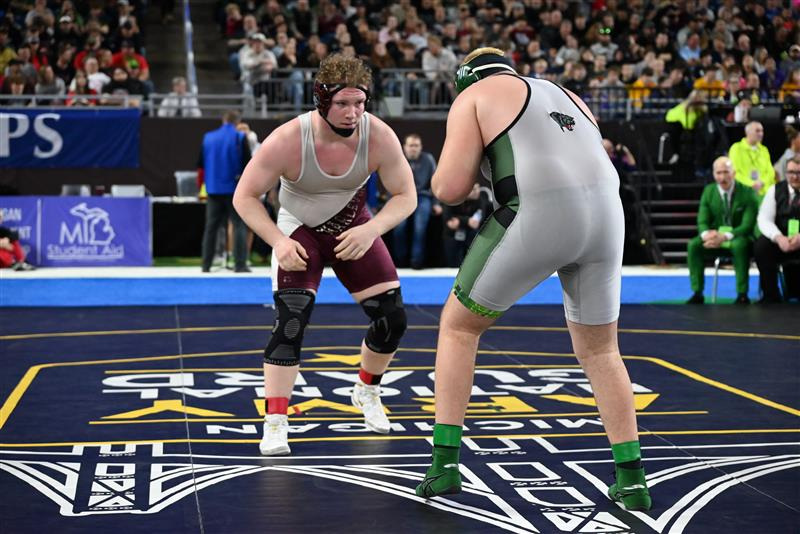 Charlevoix senior Sawyer Blaszczyk squares off with Noah Walker of Hesperia in the Division 4 individual championship match at the 285-pound class on Saturday, March 7 in Detroit.