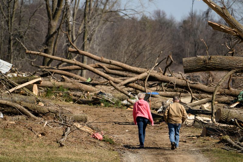 Downed trees can be seen on property on Tuttle Road in Union City, March 8, 2026. Four people were killed and several other injured when a tornado ripped through the Southwest Michigan, Friday afternoon.