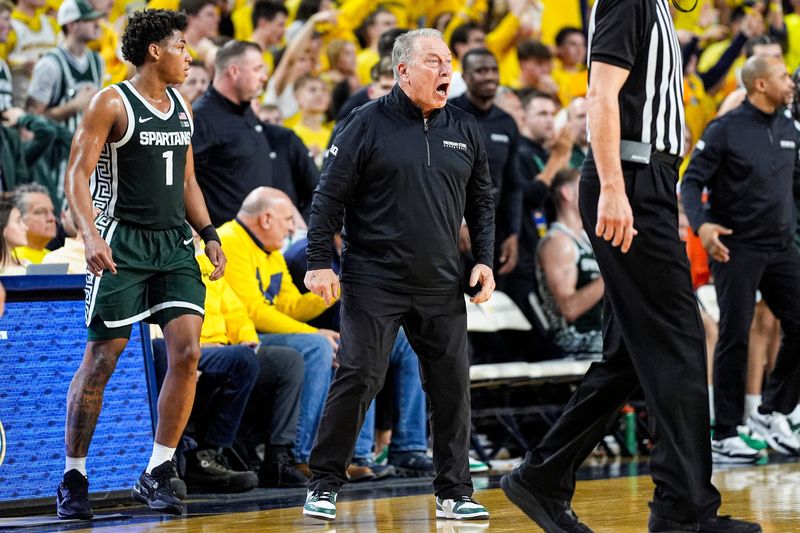 Michigan State head coach Tom Izzo reacts to a play against Michigan during the second half at Crisler Center in Ann Arbor on Sunday, March 8, 2026.