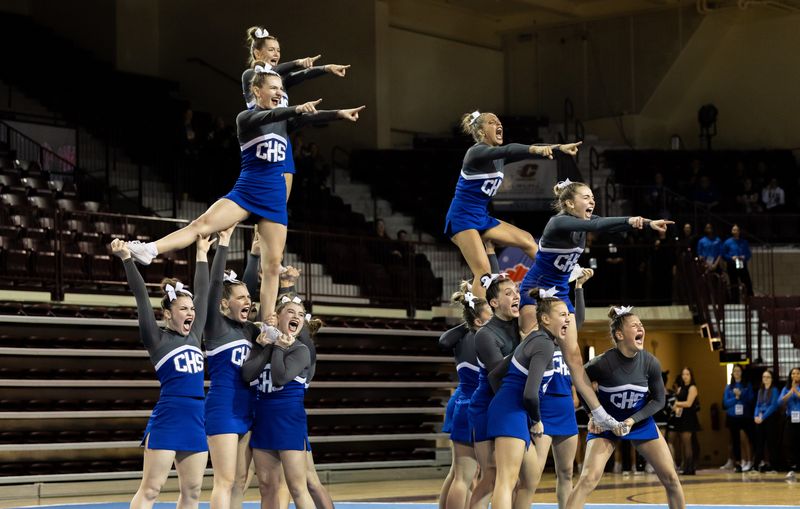 Gibraltar Carlson's competitive cheerleading team performs in the Division 2 state championships at Central Michigan on Saturday, March 7, 2026.