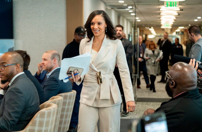 Detroit Mayor Mary Sheffield enters the room before delivering her first budget address and four-year financial plan as mayor at the Coleman A. Young Municipal Center in Detroit on Monday, March 9, 2026.