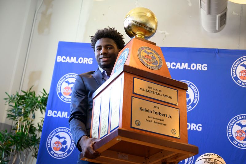 Kelvin Torbert Jr., from East Lansing high school, winner of the 2026 Mr. Basketball award, during a ceremony in Detroit, March 9, 2026.