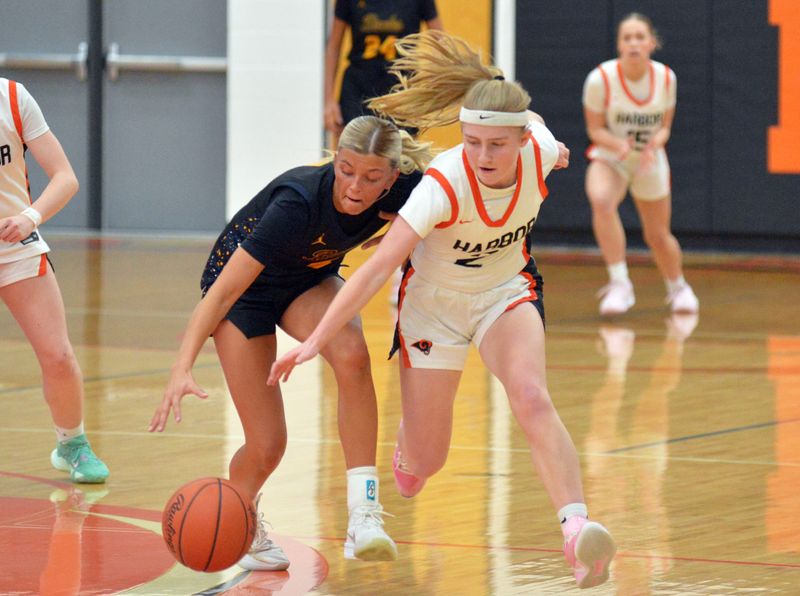 Harbor Springs sophomore Lillian McShannock (right) battles for a loose ball with Roscommon senior Zoey Kauffman (left) during their Division 3 regional matchup in Harbor Springs on Monday, March 9.