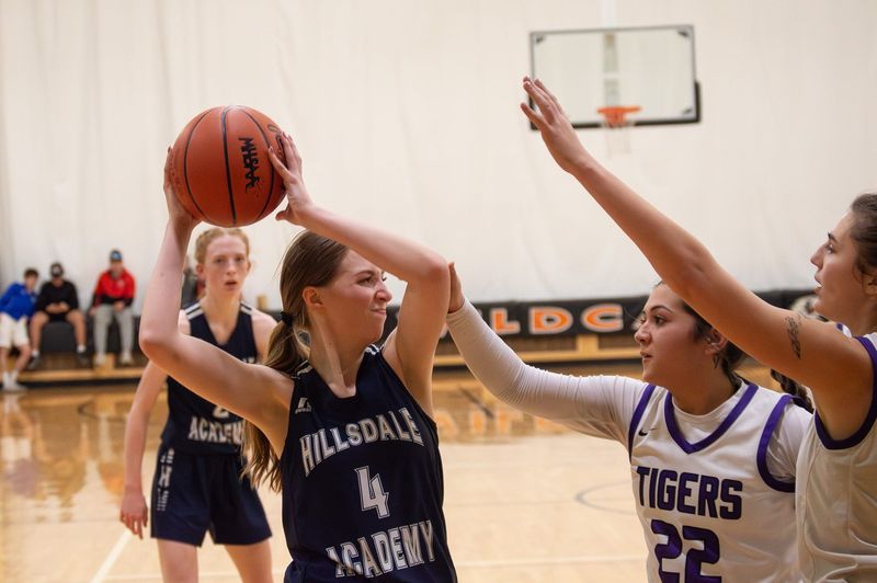 Hillsdale Academy senior Liz Creger (4) led the Colts in their regional semifinal win over Lawrence with 17 points.