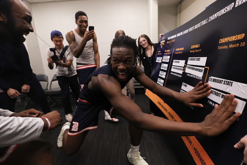 Detroit Mercy's Legend Geeter celebrates the 70-64 win over Robert Morris in the Horizon League semifinal game Monday, March 9, 2026, at Corteva Coliseum in Indianapolis.