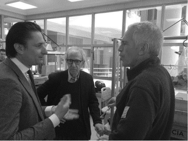 A photo released by the Department of Justice shows Axel Dumas, CEO of Hermes and a board member of Exor, left, meeting with Jeffrey Epstein, right, and Woody Allen in Paris in 2013. Hermes said Epstein showed up uninvited, and all further communications from the late sex trafficker to Dumas were "systematically rejected."