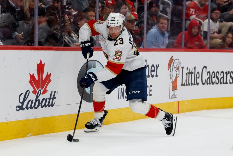 Mar 6, 2026; Detroit, Michigan, USA; Florida Panthers center Carter Verhaeghe (23) skates with the puck in the first period against the Detroit Red Wings at Little Caesars Arena. Mandatory Credit: Rick Osentoski-Imagn Images