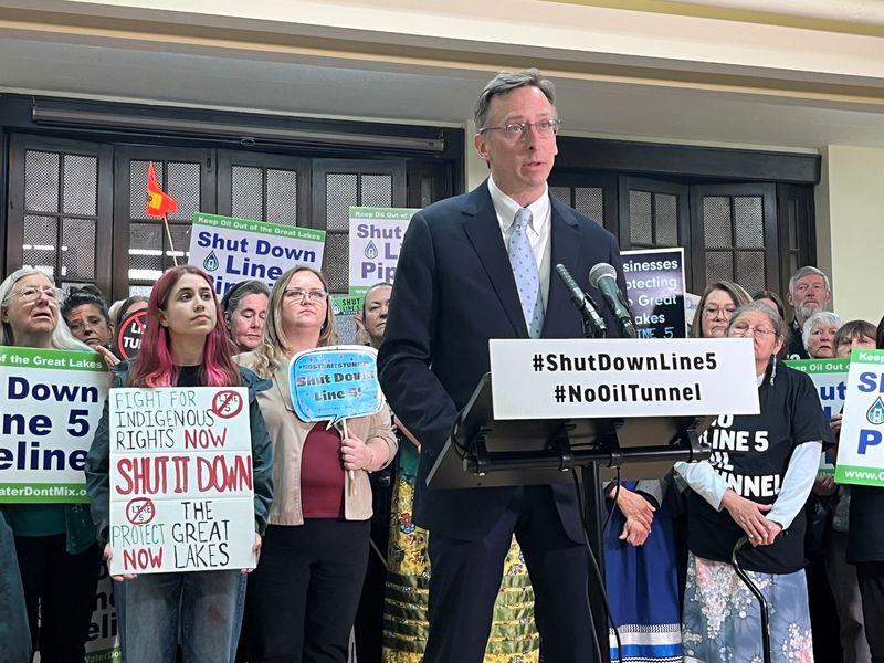 David Scott, an attorney for the Little Traverse Bay Bands of Odawa Indians and other tribes, speaks during a Lansing press conference, Wednesday, March 11, 2026, after arguing before the Michigan Supreme Court. The tribes are asking the high court to overturn state approvals for a new segment of Line 5 in the Straits of Mackinac.