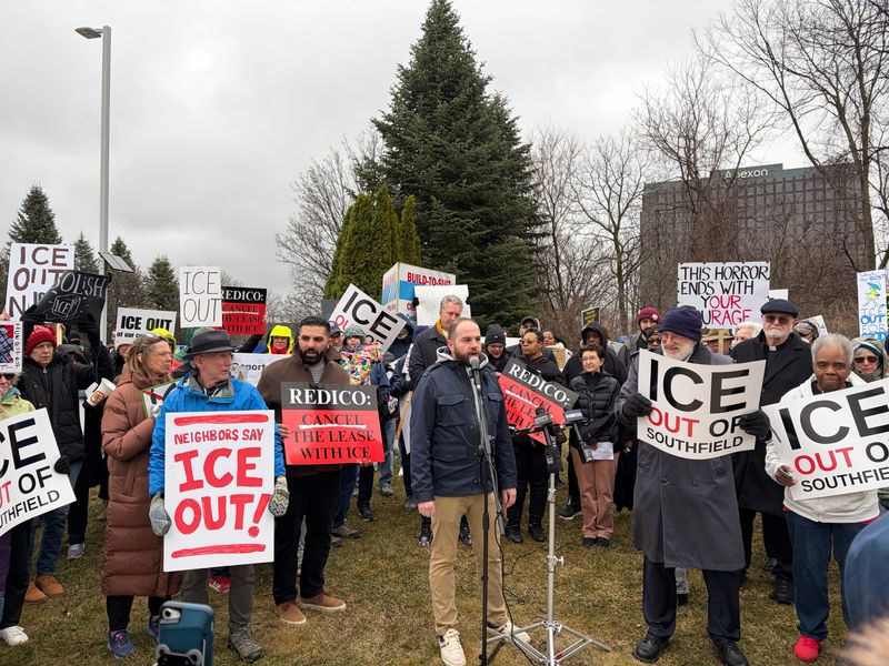 State Sen. Jeremy Moss speaks at a rally and protest in Southfield on March 11.