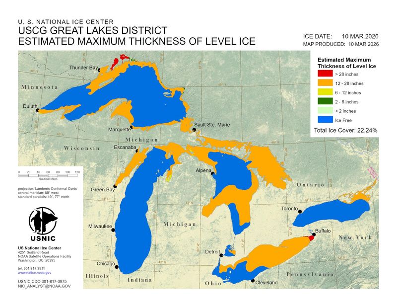 Estimated ice thickness on the Great Lakes, as of March 10.