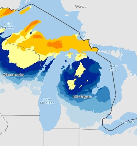 Expected snowfall totals by Saturday night, March 14. Blue shading indicates 0.1-5 inches of snow while the yellow-orange shading indicates 6-13 inches. 14-17 inches is possible in high terrain areas in the Upper Peninsula.
