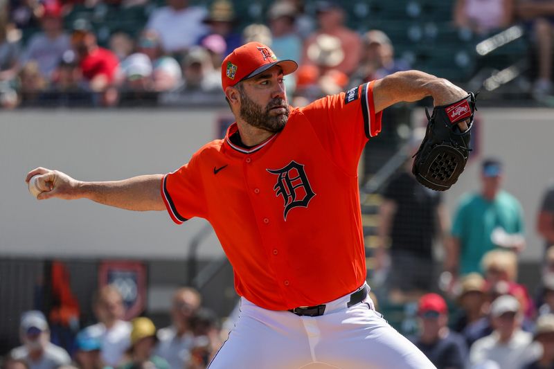 Detroit Tigers pitcher Justin Verlander (35) throws during the first inning against the New York Yankees at Publix Field at Joker Marchant Stadium in Lakeland, Florida, on Thursday, March 12, 2026.