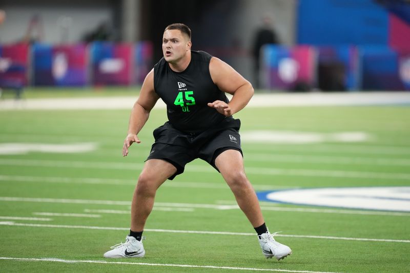 Mar 1, 2026; Indianapolis, IN, USA; Notre Dame offensive lineman Billy Schrauth (OL45) during the NFL Scouting Combine at Lucas Oil Stadium. Mandatory Credit: Kirby Lee-Imagn Images