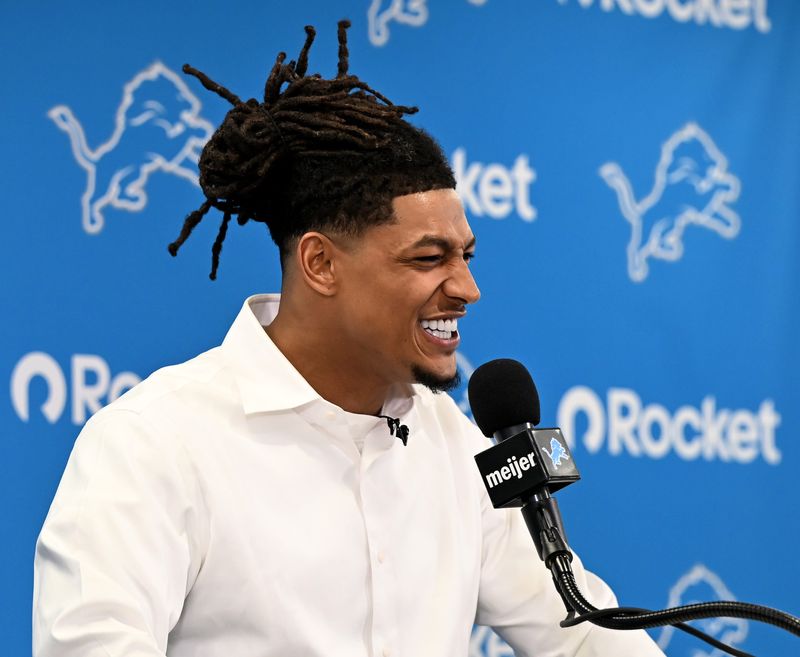 Detroit Lions running back Isiah Pacheco answers questions during a press conference with at the Lions Meijer Perfromance Center in Allen Park, Mich. on Mar. 12, 2026.