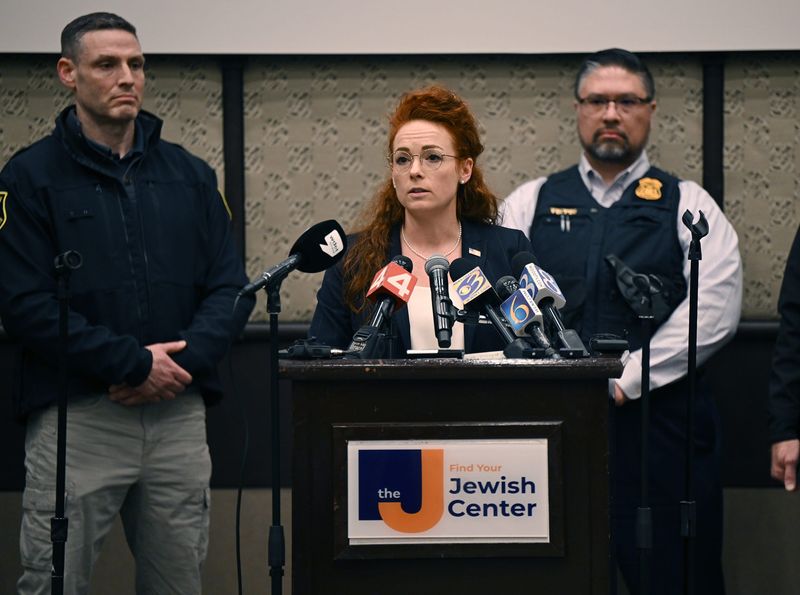 Jennifer Runyan, of the FBI, speaks during the press conference about today’s shooting at Temple Israel synagogue on March 12, 2026, at the Jewish Community Center in West Bloomfield, Mich.