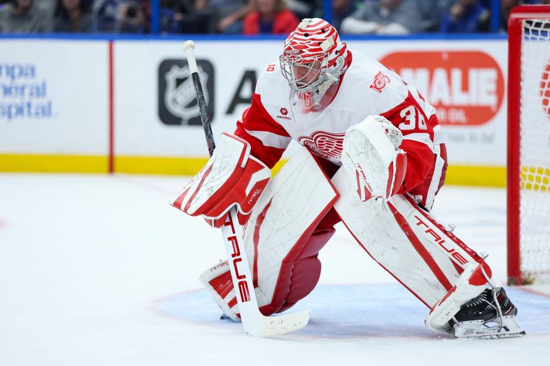Detroit Red Wings goaltender John Gibson (36) looks on against the Tampa Bay Lightning in the third period at Benchmark International Arena in Tampa, Florida, on Thursday, March 12, 2026.