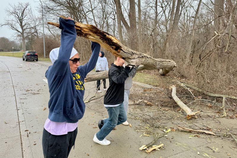 Bystanders remove a fallen tree from Outer Drive in Dearborn Heights after it hit a moving vehicle on Friday, March 13, 2026.