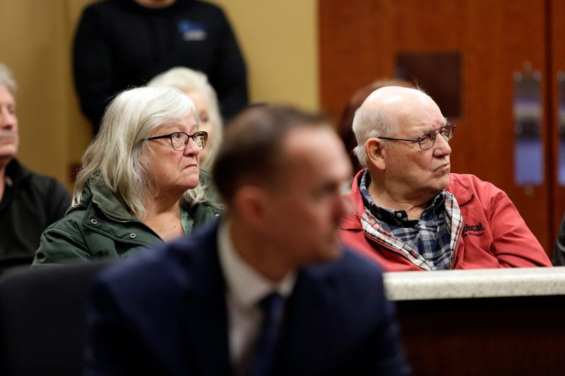 Kathy Funk, left, and husband Raymond Funk, brother of Rosalene Burd, are seen during the preliminary exam for Traci Kornak at the 63rd District Court on Friday, March 13, 2026 in Grand Rapids, MI. Kornack is, a former Michigan Democratic Party treasurer who is charged with stealing $123,000 while acting as Rosalene Burd's conservator.