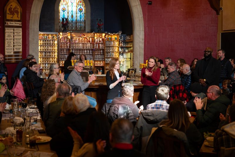 Michigan state Sen. Mallory McMorrow, D-Royal Oak, and Senate Majority Leader Winnie Brinks, D-Grand Rapids, participate in a brewery tour stop for McMorrow's U.S. Senate campaign in Grand Rapids on Jan. 31, 2025.