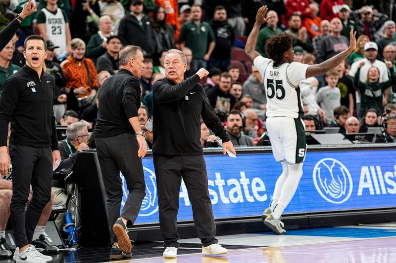 Michigan State head coach Tom Izzo reacts to a play against UCLA during the second half of Big Ten tournament quarterfinal at United Center in Chicago on Friday, March 13, 2026.