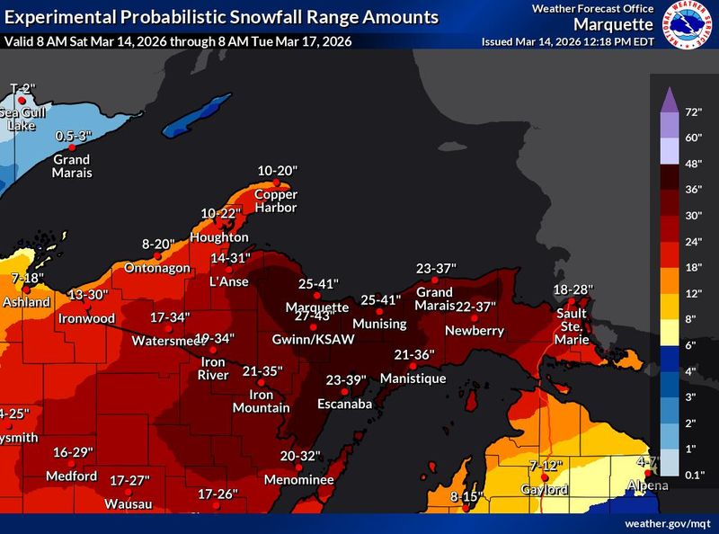 Possible snow accumulation in Michigan's Upper Peninsula from 8 a.m. Saturday, March 14 through 8 a.m. Tuesday, March 17.