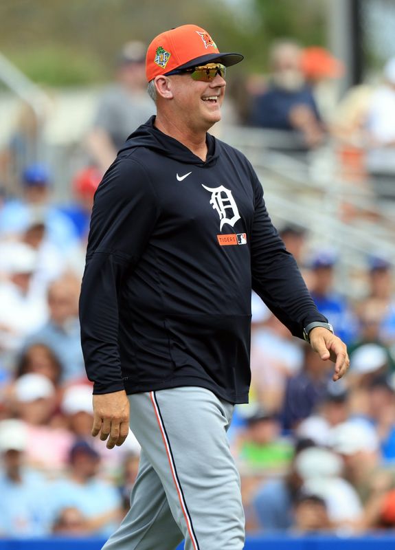 Detroit Tigers manager A.J. Hinch (14) smiles ]during the fifth inning against the Toronto Blue Jays at TD Ballpark in Dunedin, Florida, on Saturday, March 14, 2026.