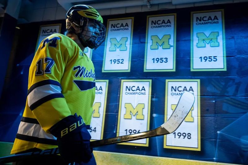 Michigan junior forward Garrett Schifsky walks toward the ice before Saturday's Big Ten tournament game against Penn State at Yost Ice Arena on March 14, 2026.