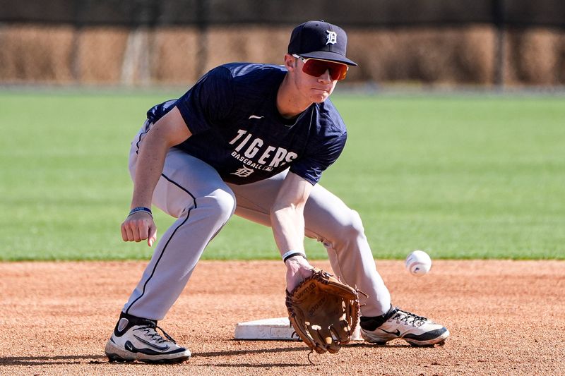 Tigers prospect Jordan Yost practices during spring training at TigerTown in Lakeland, Fla. on Tuesday, Feb. 17, 2026.