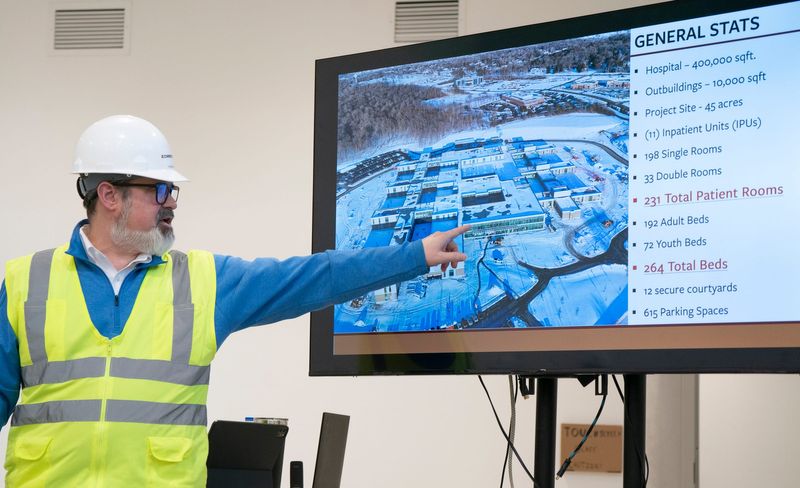 Christman Health Care Service Group project executive Andrew Miller describes the new Southeast Michigan Psychiatric Hospital layout located in Northville, on Monday, March 16, 2026 during a tour of the facility. The project site is 45 acres..