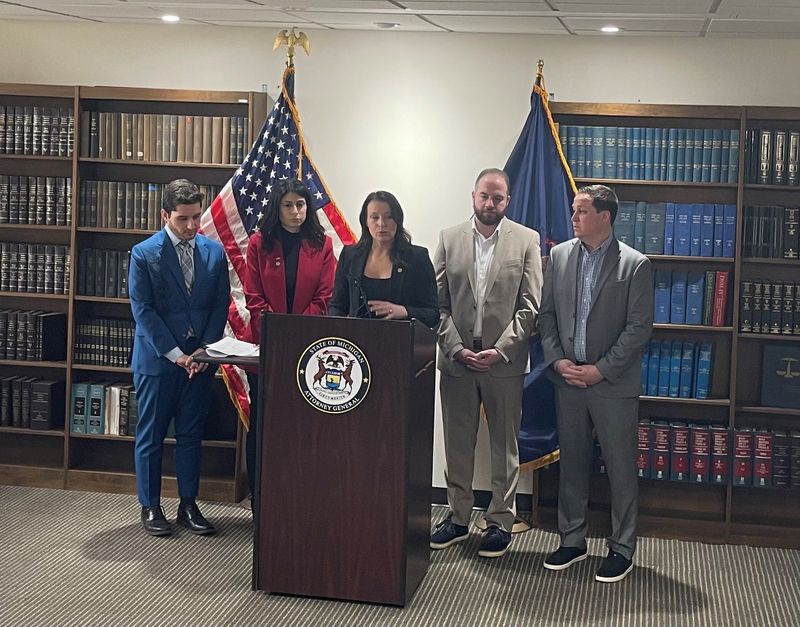 Rep. Samantha Steckloff, a Farmington Hills Democrat, stresses the importance of state funding for anti-terrorism and safety training measures in the wake of a March 12 attack on the Temple Israel synagogue in West Bloomfield. She is joined by fellow Jewish lawmakers.