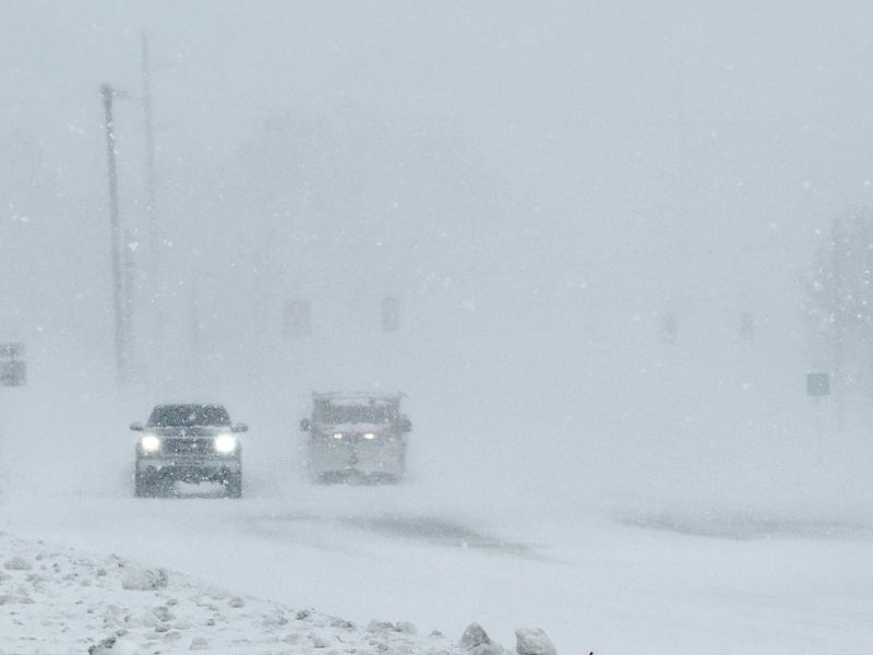 Traffic slowly moves north along US-31 in blizzard conditions in Acme, Michigan, just north east of Traverse City on Monday, March 16, 2026. Heavy snow over two days has closed businesses and schools throuhgout northern Michigan.