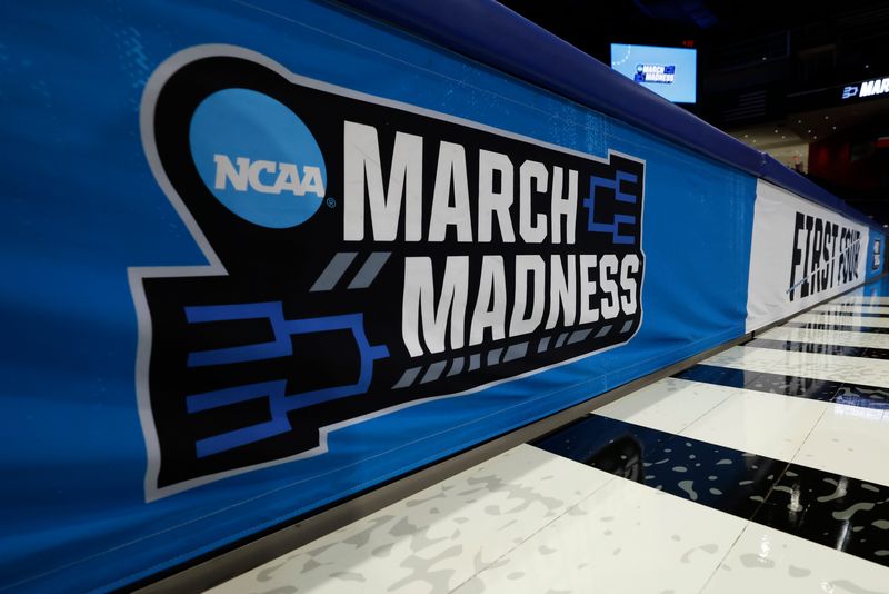Mar 16, 2026; Dayton, OH, USA; Detailed viewed of March Madness logo during a practice session ahead of the first four of the men's 2026 NCAA Tournament at University of Dayton Arena. Mandatory Credit: Rick Osentoski-Imagn Images