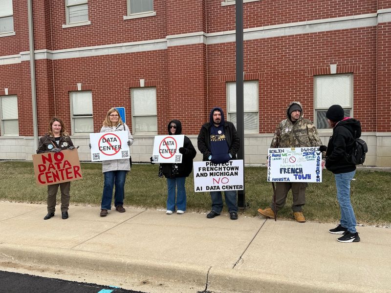 Protestors from Berlin and Frenchtown Townships gather against the proposed data center in Newport.