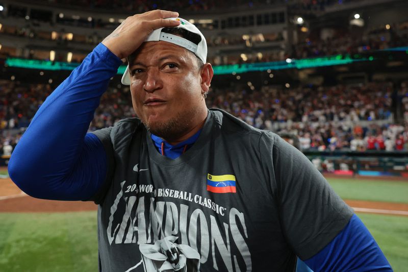 Venezuela hitting coach Miguel Cabrera (24) reacts after defeating the United States during the 2026 World Baseball Classic Championship game at loanDepot Park.